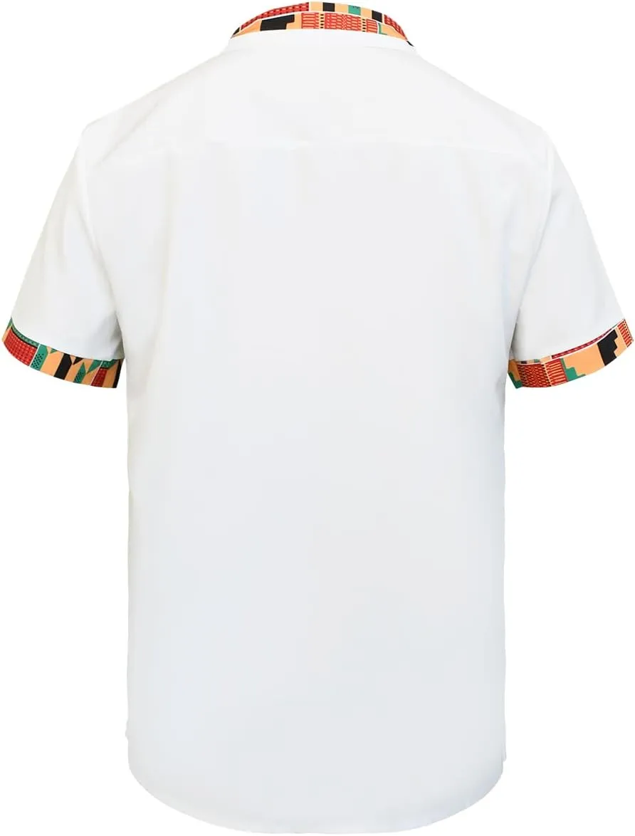 Men's Hipster African Printed Tribal Graphic Patchwork Design Short Sleeve Button up Shirt Mandarin Collar Shirts