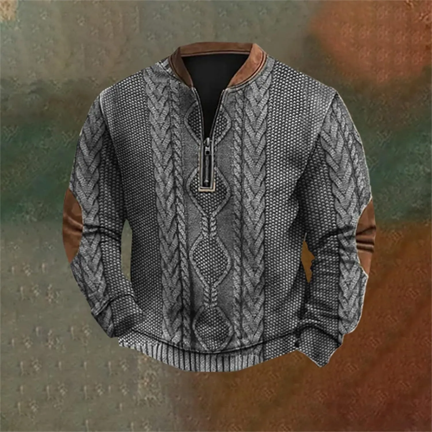 Mens Knit Sweater 3D Twist Pattern Knit Print Sweatshirt Casual Retro Long Sleeve Pullover Sweater with Elbow Patches