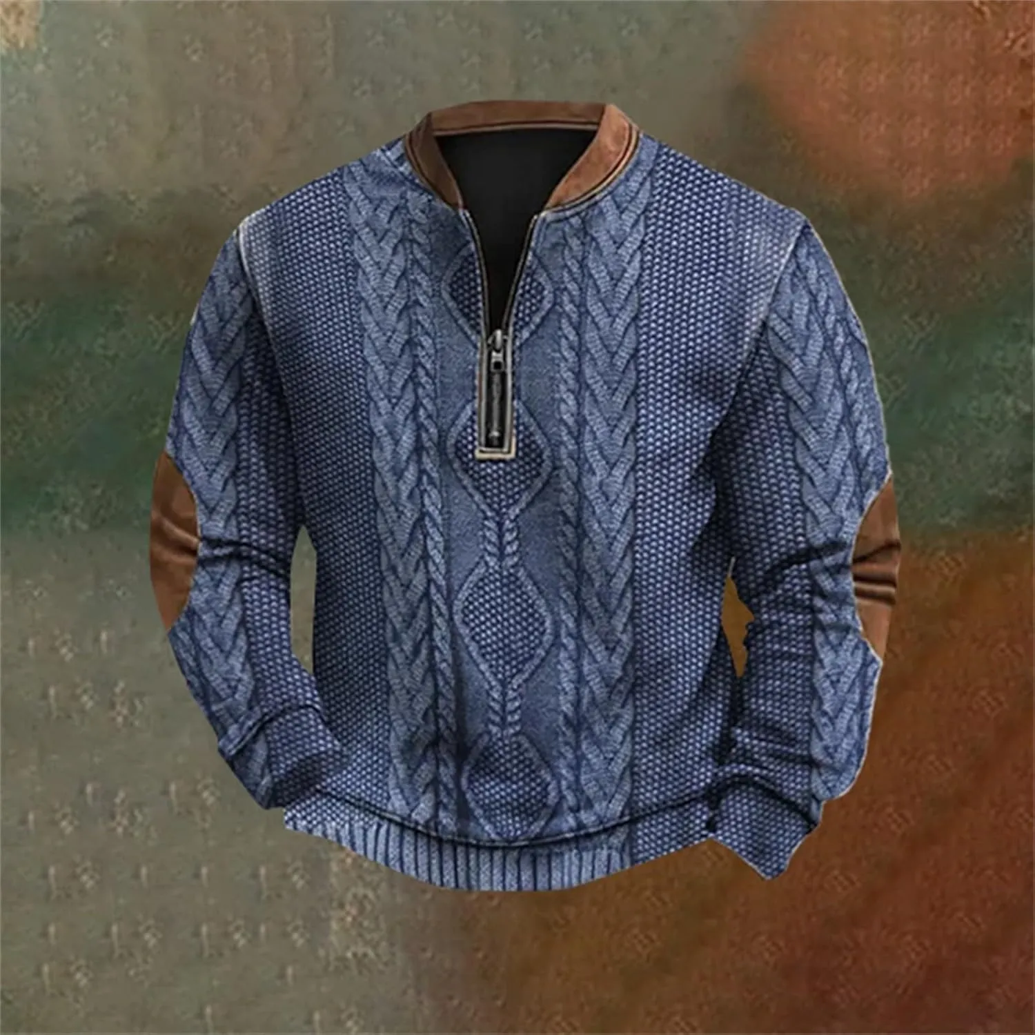 Mens Knit Sweater 3D Twist Pattern Knit Print Sweatshirt Casual Retro Long Sleeve Pullover Sweater with Elbow Patches