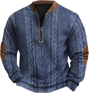 Mens Knit Sweater 3D Twist Pattern Knit Print Sweatshirt Casual Retro Long Sleeve Pullover Sweater with Elbow Patches