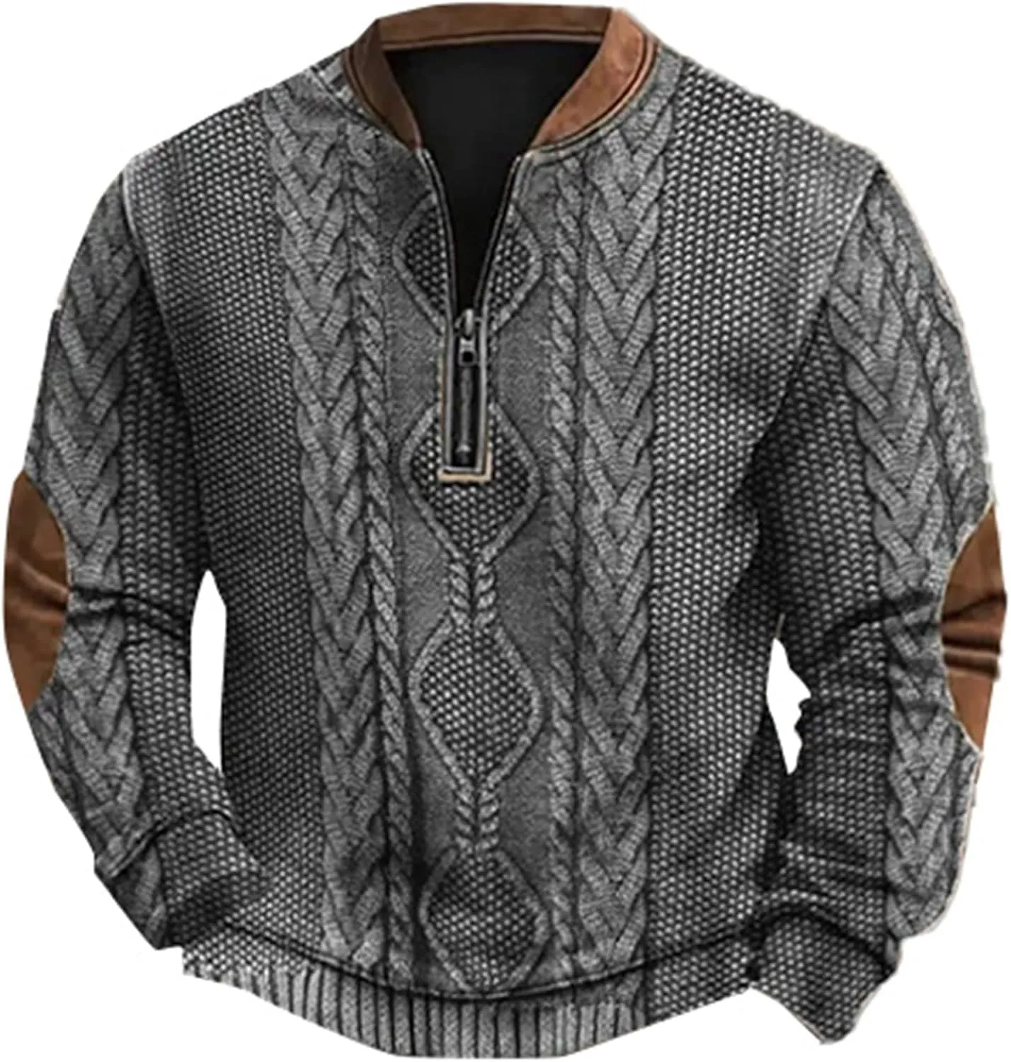 Mens Knit Sweater 3D Twist Pattern Knit Print Sweatshirt Casual Retro Long Sleeve Pullover Sweater with Elbow Patches