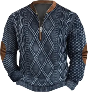 Mens Knit Sweater 3D Twist Pattern Knit Print Sweatshirt Casual Retro Long Sleeve Pullover Sweater with Elbow Patches