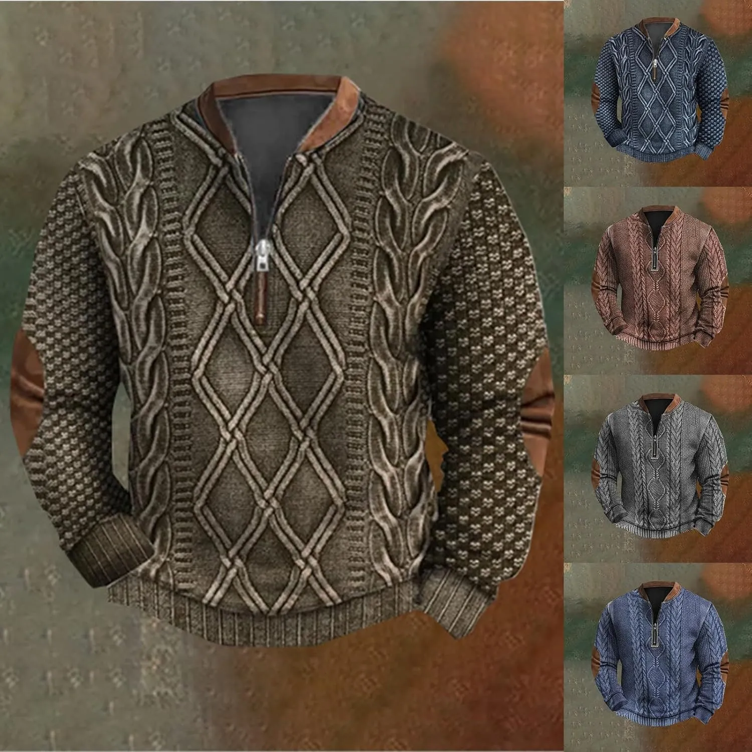 Mens Knit Sweater 3D Twist Pattern Knit Print Sweatshirt Casual Retro Long Sleeve Pullover Sweater with Elbow Patches