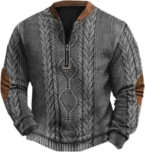 Mens Knit Sweater 3D Twist Pattern Knit Print Sweatshirt Casual Retro Long Sleeve Pullover Sweater with Elbow Patches