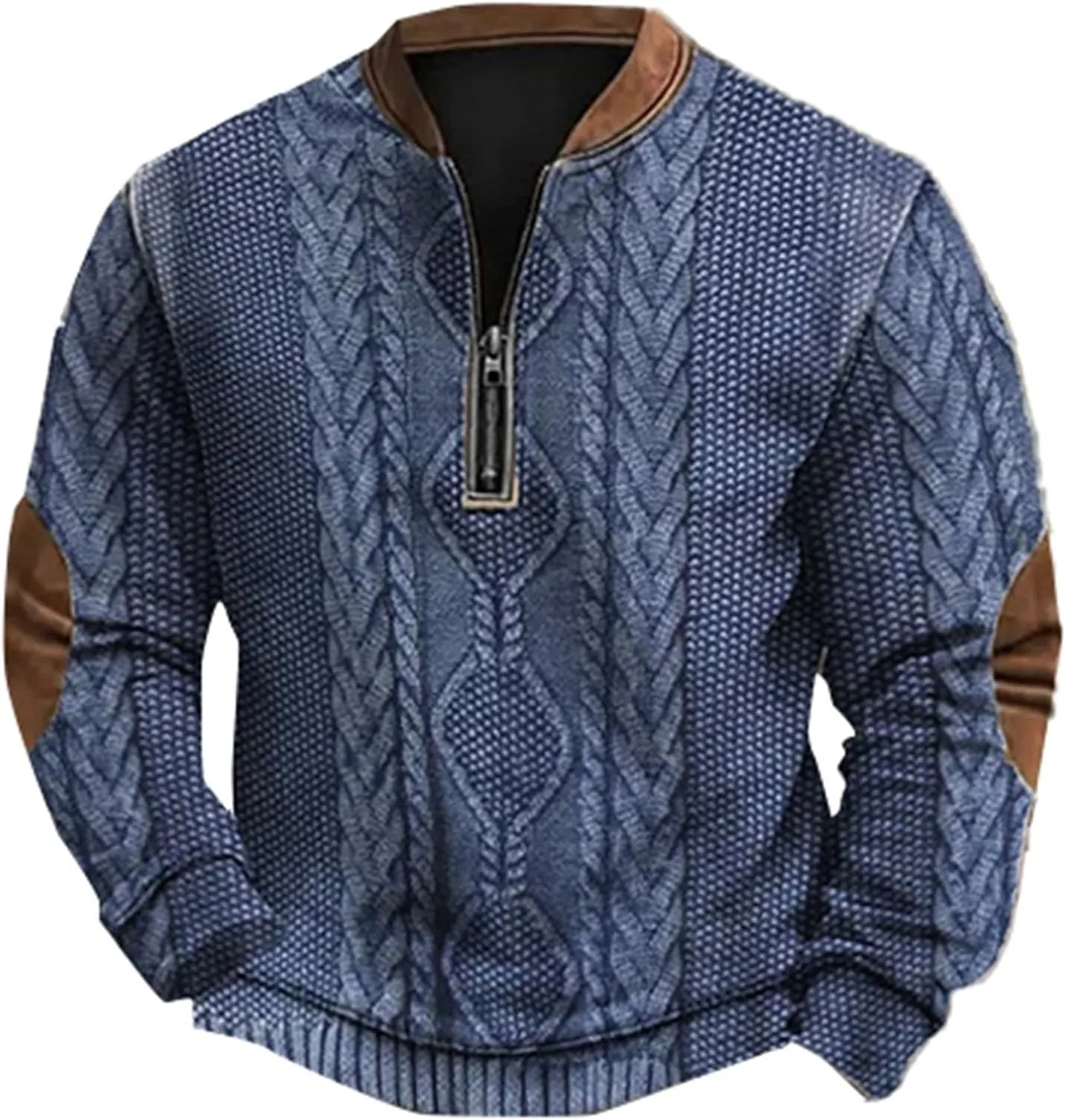 Mens Knit Sweater 3D Twist Pattern Knit Print Sweatshirt Casual Retro Long Sleeve Pullover Sweater with Elbow Patches