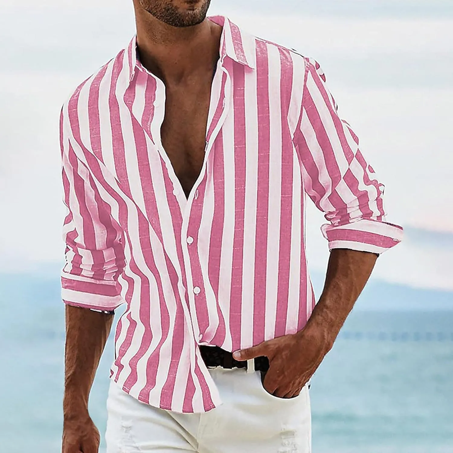 Mens Linen Striped Button Down Shirts Casual Beach Long Sleeve Collar Top Shirts Summer Fall 2024 Fashion Shirt