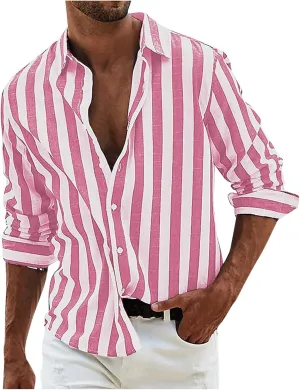 Mens Linen Striped Button Down Shirts Casual Beach Long Sleeve Collar Top Shirts Summer Fall 2024 Fashion Shirt