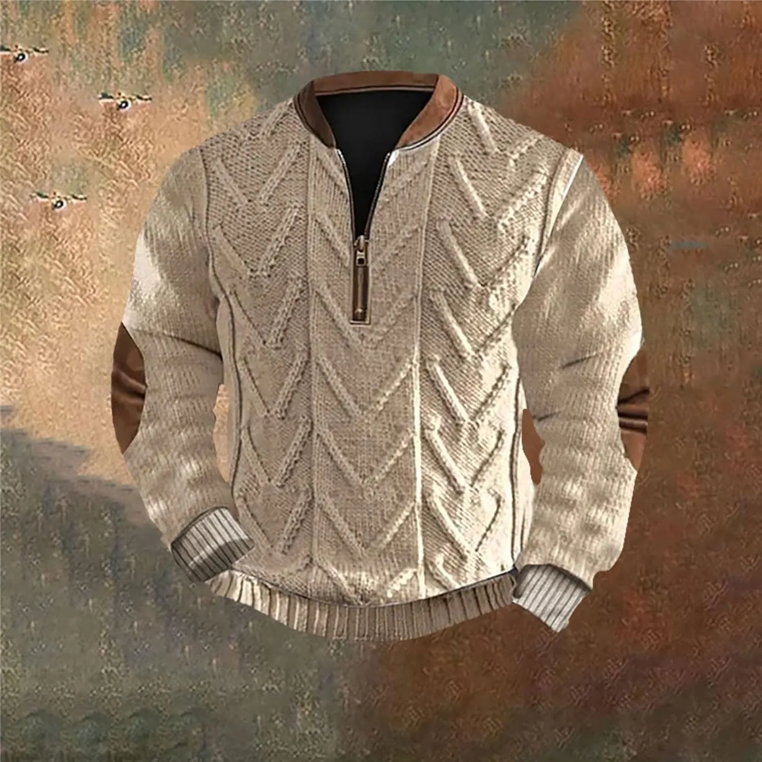 Men's Long Sleeve 1/4 Zip Pullover Sweater Vintage Stand Collar 3D Knit Pattern Sweater Casual Outdoor Sweatshirts