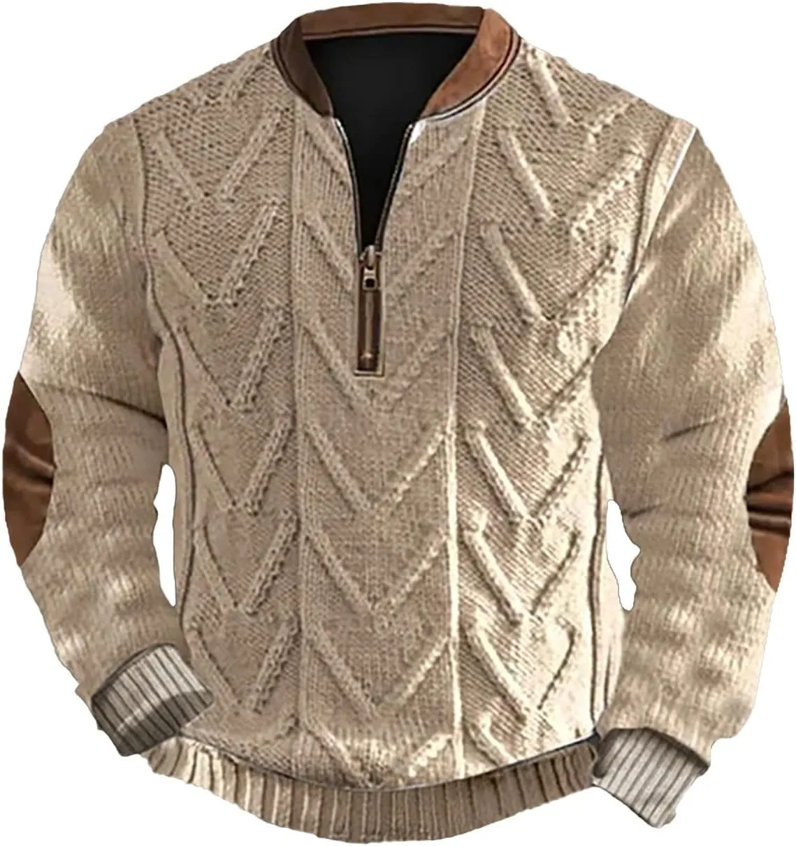 Men's Long Sleeve 1/4 Zip Pullover Sweater Vintage Stand Collar 3D Knit Pattern Sweater Casual Outdoor Sweatshirts