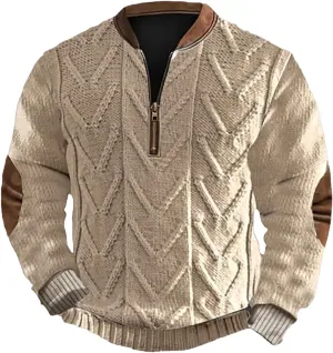 Men's Long Sleeve 1/4 Zip Pullover Sweater Vintage Stand Collar 3D Knit Pattern Sweater Casual Outdoor Sweatshirts