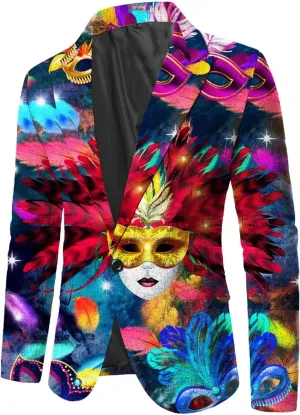 Mens Mardi Gras Suit Jackets Fancy Mask Printed Carnival Party Blazer Slim Fit One Buttton Notched Lapel Tuxedo Coat
