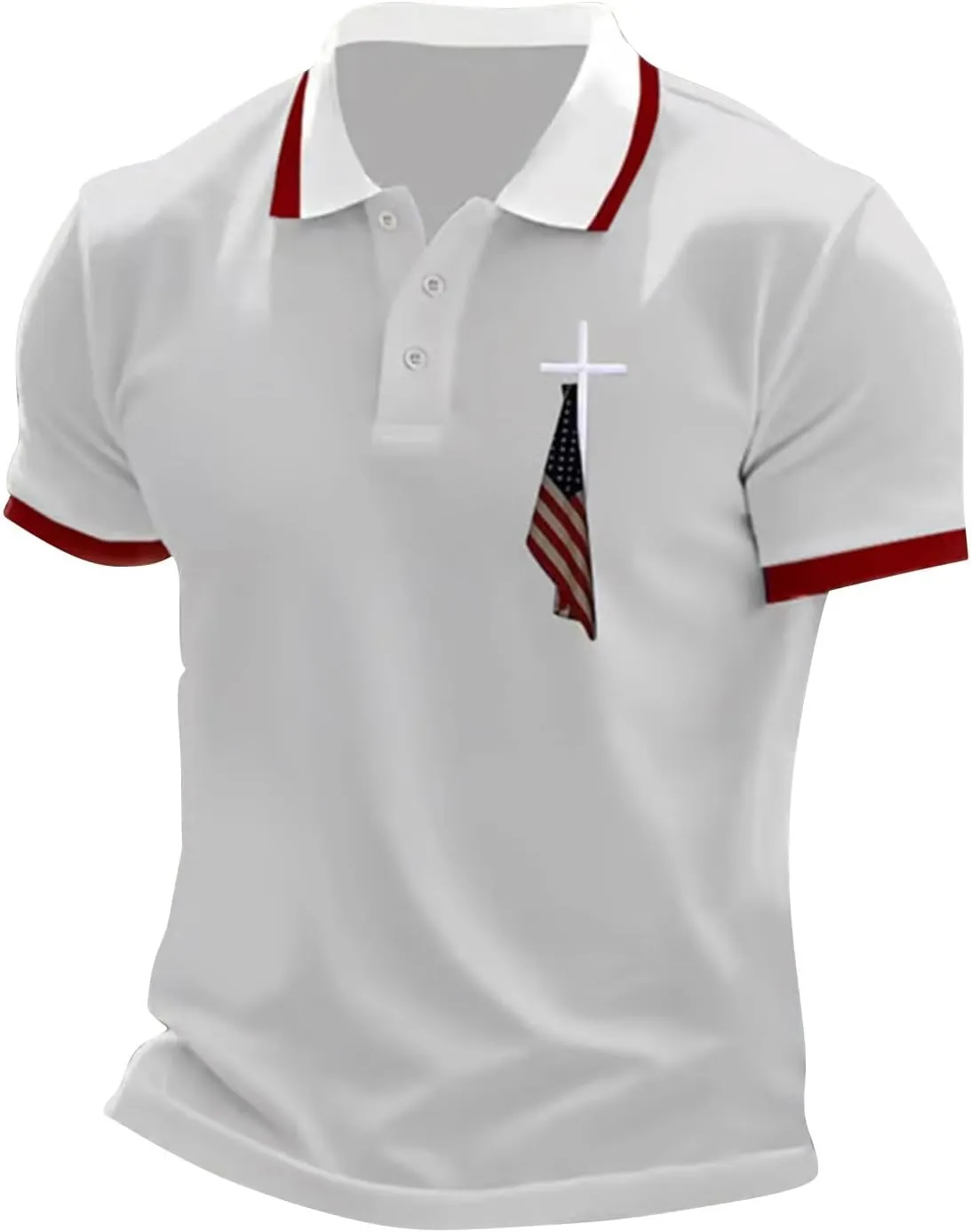 Men's Polo Shirts Short Sleeve American Flag Patriotic Shirt 4th of July Christian Cross USA Flag Print Tee Golf Tops