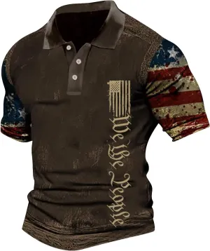 Men's Polo Shirts Short Sleeve American Flag Patriotic Shirt 4th of July Christian Cross USA Flag Print Tee Golf Tops