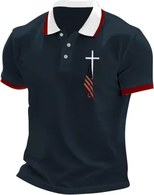 Men's Polo Shirts Short Sleeve American Flag Patriotic Shirt 4th of July Christian Cross USA Flag Print Tee Golf Tops