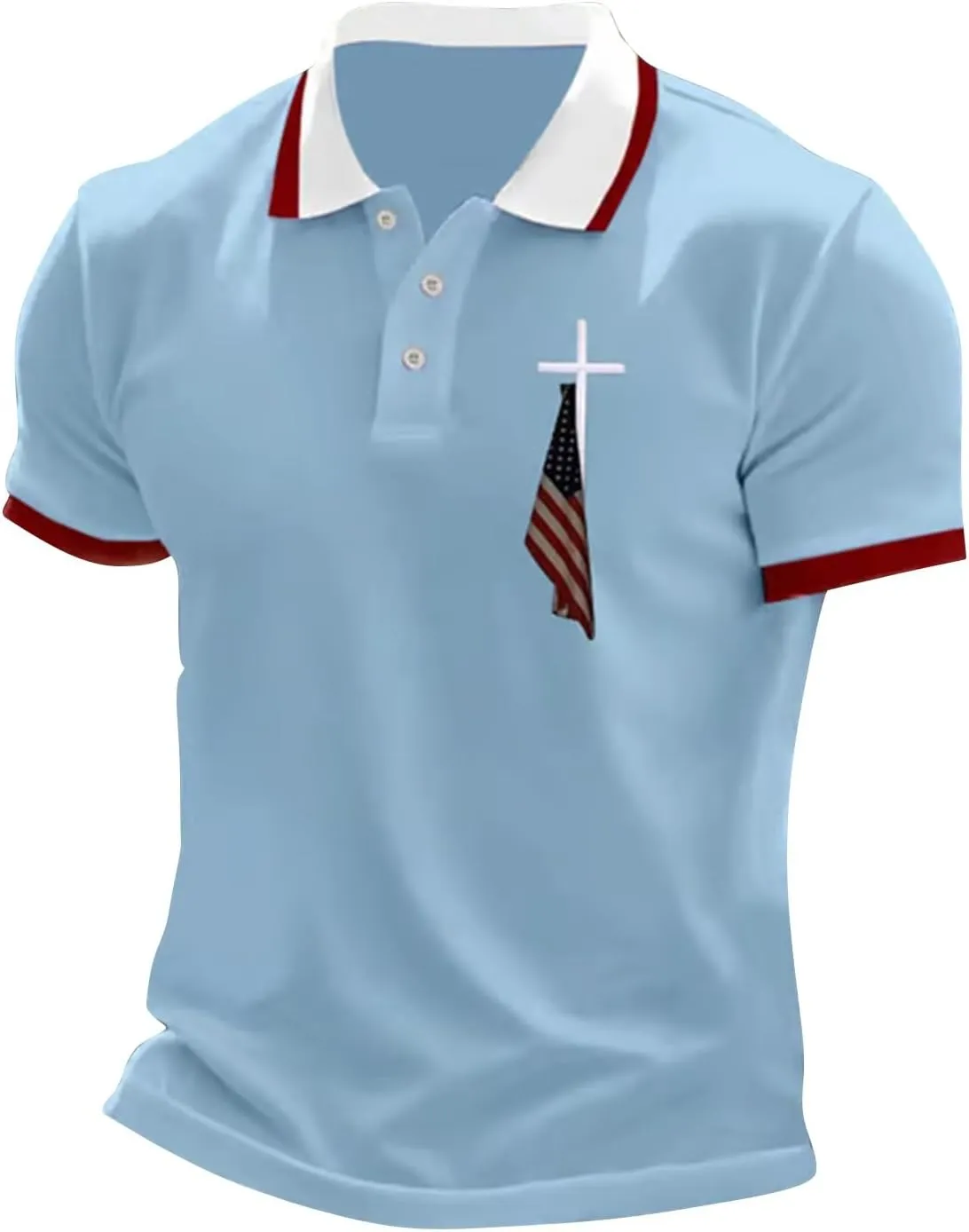 Men's Polo Shirts Short Sleeve American Flag Patriotic Shirt 4th of July Christian Cross USA Flag Print Tee Golf Tops