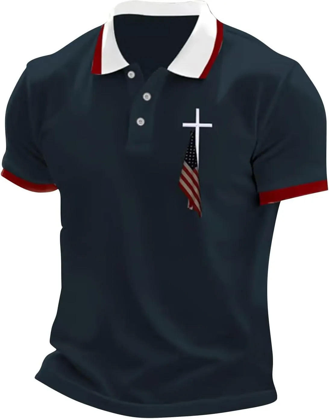 Men's Polo Shirts Short Sleeve American Flag Patriotic Shirt 4th of July Christian Cross USA Flag Print Tee Golf Tops