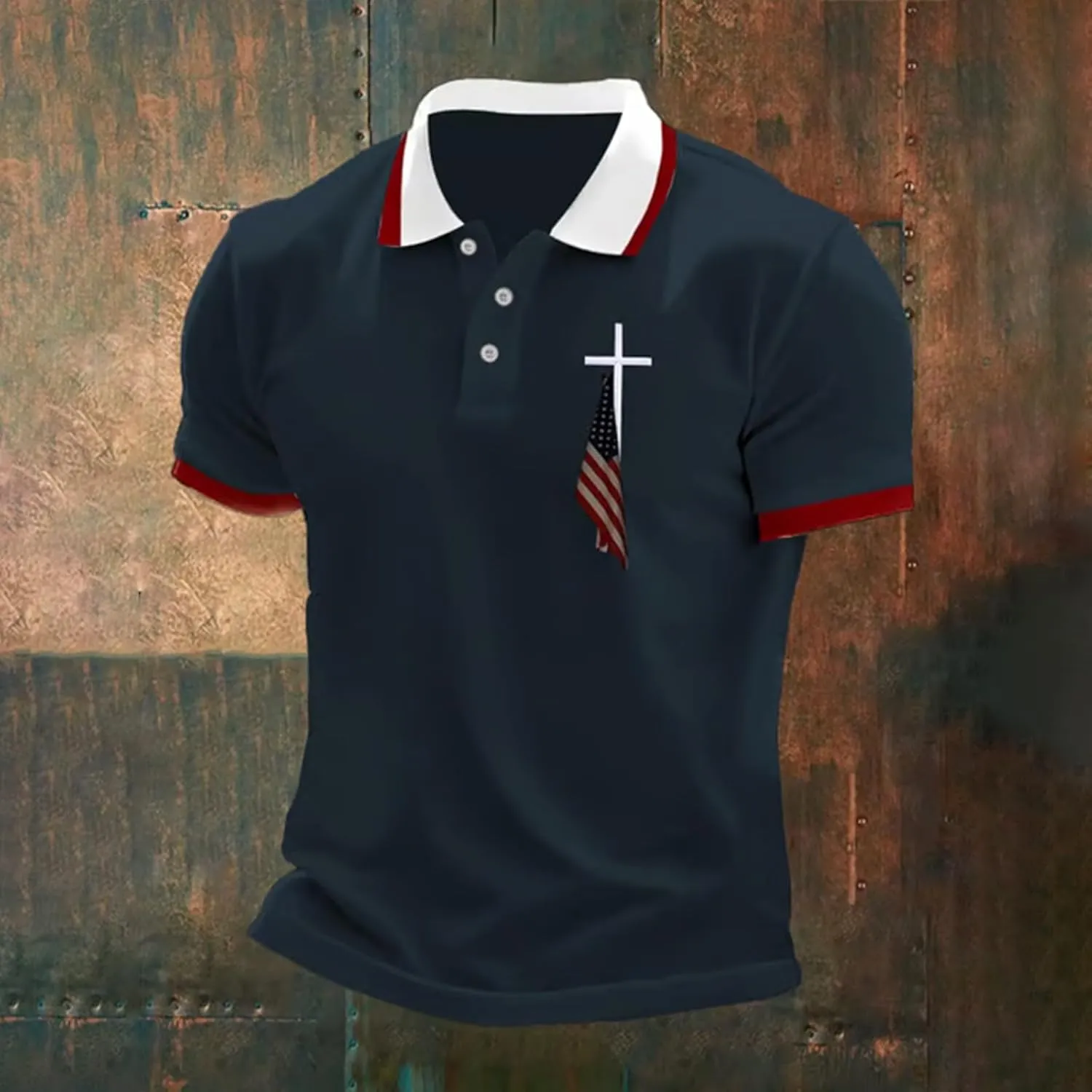 Men's Polo Shirts Short Sleeve American Flag Patriotic Shirt 4th of July Christian Cross USA Flag Print Tee Golf Tops