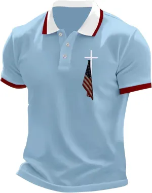 Men's Polo Shirts Short Sleeve American Flag Patriotic Shirt 4th of July Christian Cross USA Flag Print Tee Golf Tops