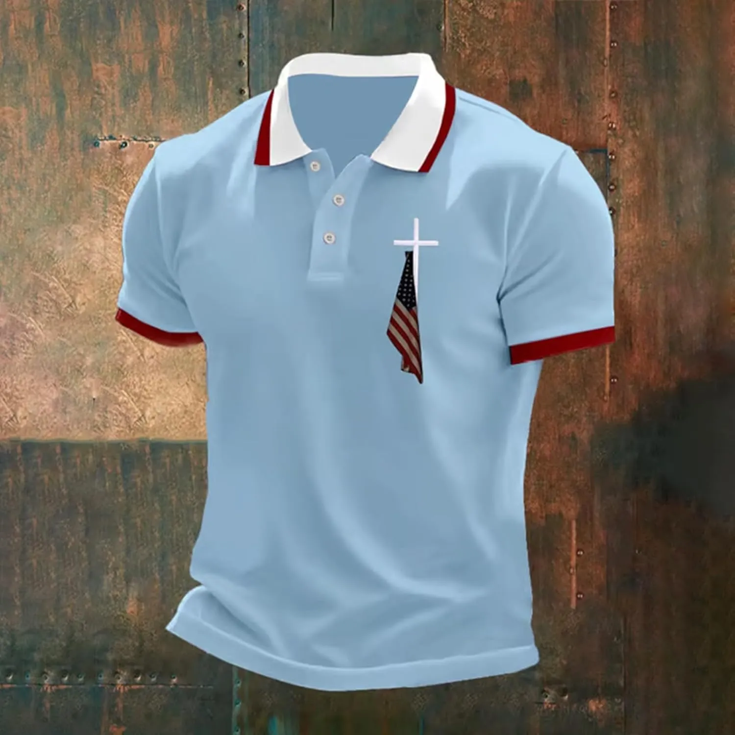 Men's Polo Shirts Short Sleeve American Flag Patriotic Shirt 4th of July Christian Cross USA Flag Print Tee Golf Tops