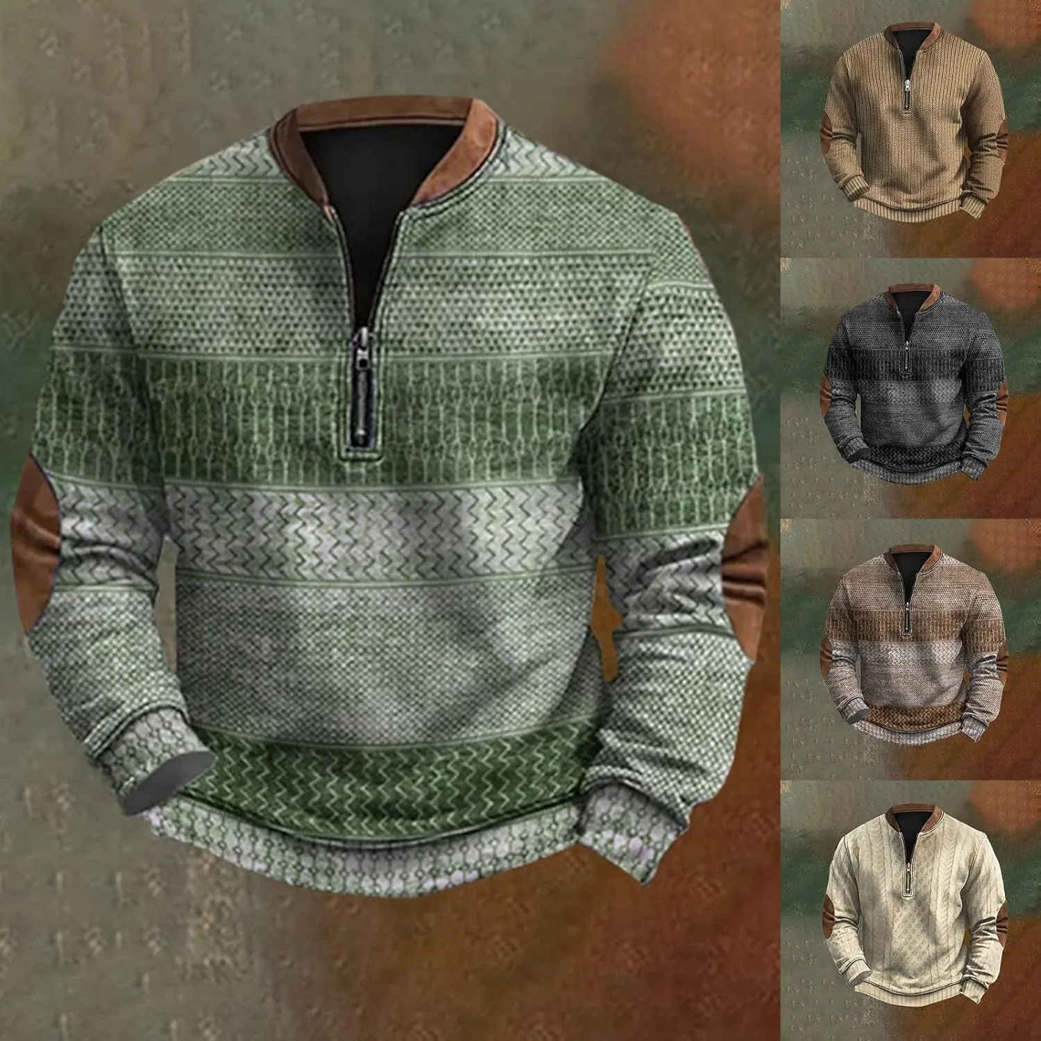 Mens Quarter Zip Pullover Sweater 3D Pattern Long Sleeve Knit Print Sweatshirts Casual Retro Graphic Jumper Polos