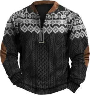 Mens Quarter Zip Pullover Sweater 3D Pattern Long Sleeve Knit Print Sweatshirts Casual Retro Graphic Jumper Polos