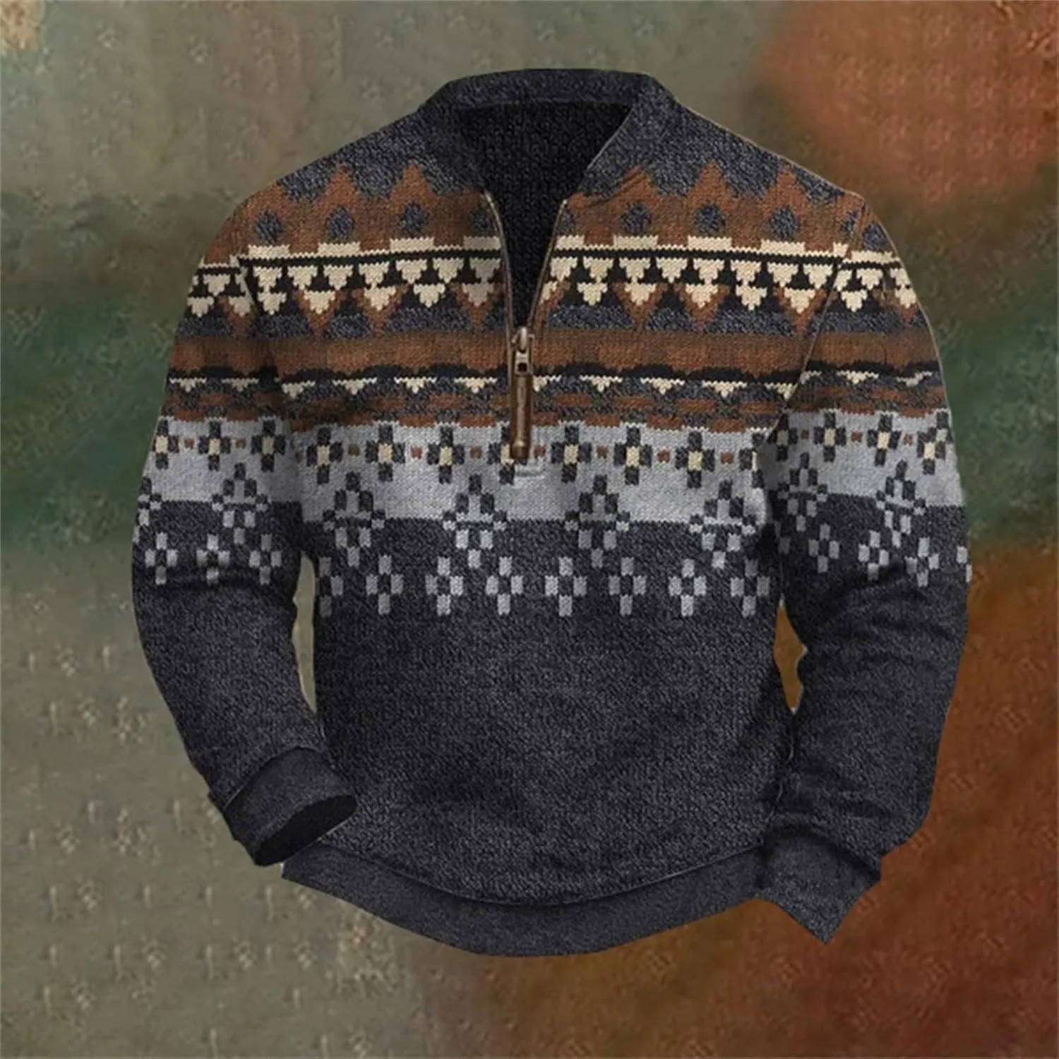 Mens Quarter Zip Pullover Sweater 3D Pattern Long Sleeve Knit Print Sweatshirts Casual Retro Graphic Jumper Polos