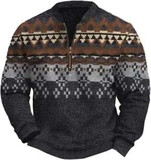 Mens Quarter Zip Pullover Sweater 3D Pattern Long Sleeve Knit Print Sweatshirts Casual Retro Graphic Jumper Polos