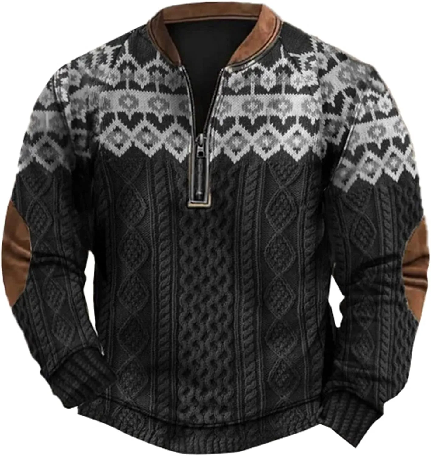 Mens Quarter Zip Pullover Sweater 3D Pattern Long Sleeve Knit Print Sweatshirts Casual Retro Graphic Jumper Polos