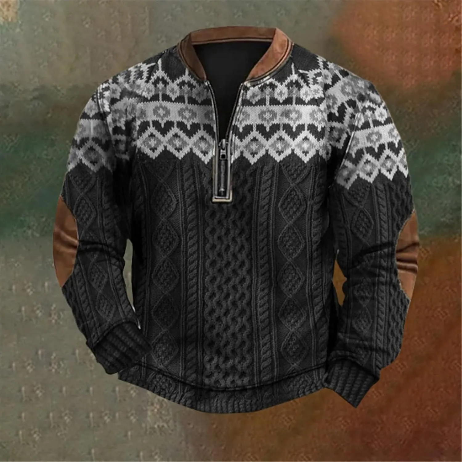 Mens Quarter Zip Pullover Sweater 3D Pattern Long Sleeve Knit Print Sweatshirts Casual Retro Graphic Jumper Polos