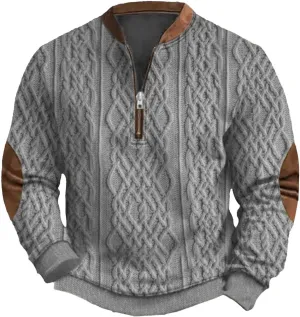 Mens Quarter Zip Sweater 3D Pattern Sweatshirts Casual Long Sleeve Retro Imitation Knit Printed Pullover Shirts