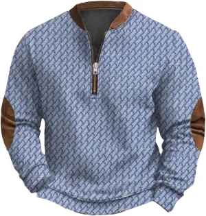 Mens Quarter Zip Sweater 3D Pattern Sweatshirts Casual Long Sleeve Retro Imitation Knit Printed Pullover Shirts