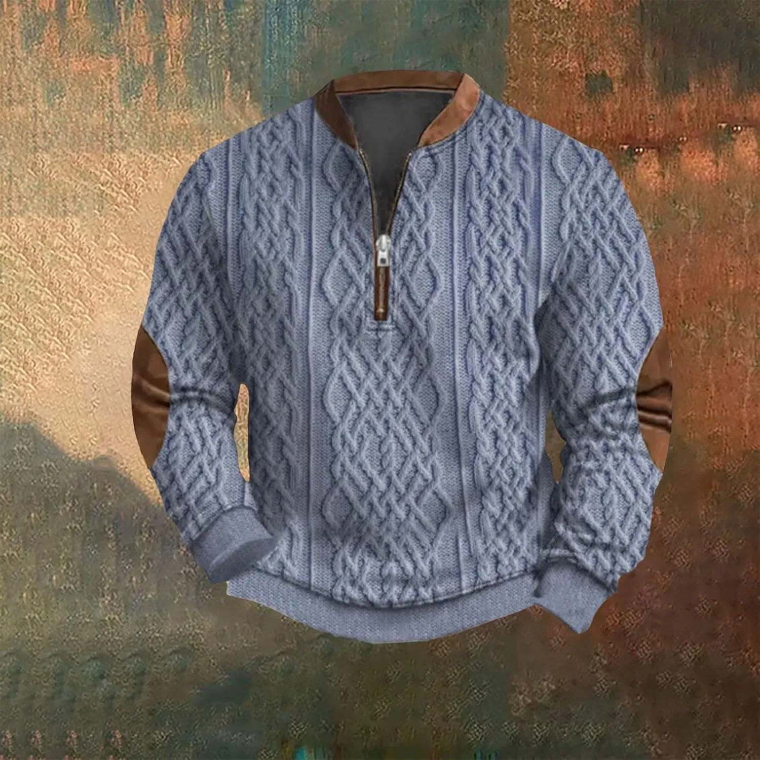 Mens Quarter Zip Sweater 3D Pattern Sweatshirts Casual Long Sleeve Retro Imitation Knit Printed Pullover Shirts