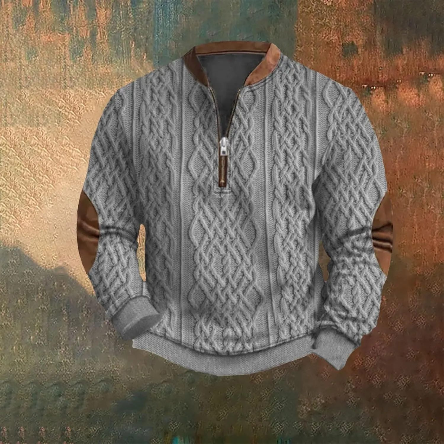Mens Quarter Zip Sweater 3D Pattern Sweatshirts Casual Long Sleeve Retro Imitation Knit Printed Pullover Shirts