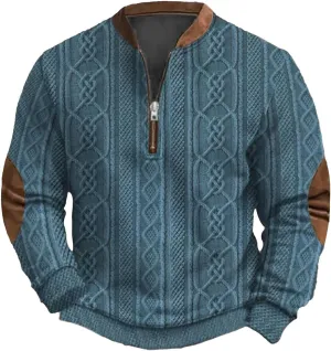 Mens Quarter Zip Sweater 3D Pattern Sweatshirts Casual Long Sleeve Retro Imitation Knit Printed Pullover Shirts