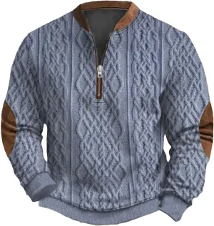 Mens Quarter Zip Sweater 3D Pattern Sweatshirts Casual Long Sleeve Retro Imitation Knit Printed Pullover Shirts