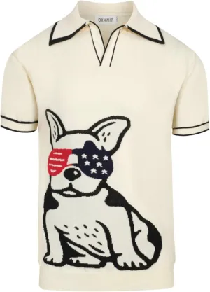 Men's Retro White Knitted Poloshirt, 1960s Mod Vintage Animal Pattern Polo V-Neck Cotton Short Sleeve