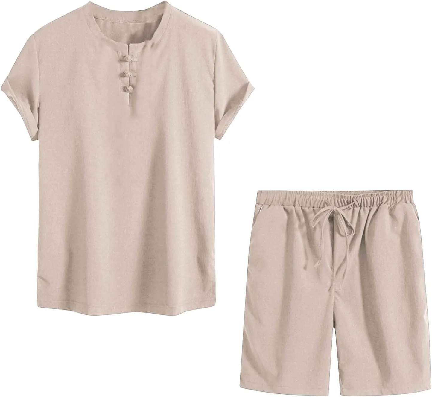 Mens Sets 2 Piece Outfits Summer Short Sleeve V Neck Shirt Button Collared and Drawstring Shorts Beach Fashion 2025