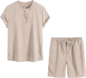 Mens Sets 2 Piece Outfits Summer Short Sleeve V Neck Shirt Button Collared and Drawstring Shorts Beach Fashion 2025