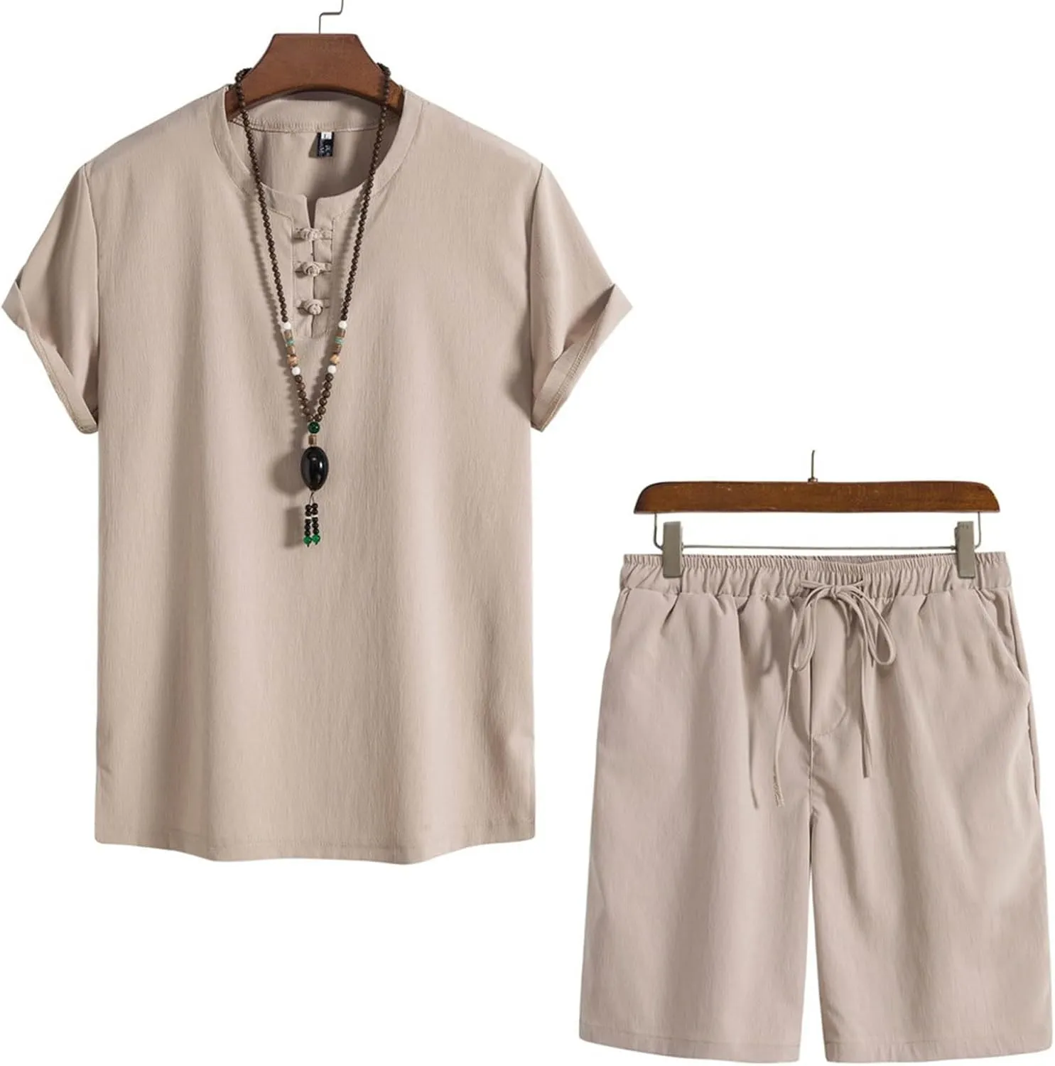 Mens Sets 2 Piece Outfits Summer Short Sleeve V Neck Shirt Button Collared and Drawstring Shorts Beach Fashion 2025