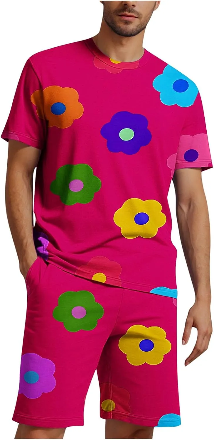 Mens Short Sets 2 Piece Beach Outfits Sleeve Graphic Tee Shirt Hawaiian Printed Drawstring Shorts Cotton Set