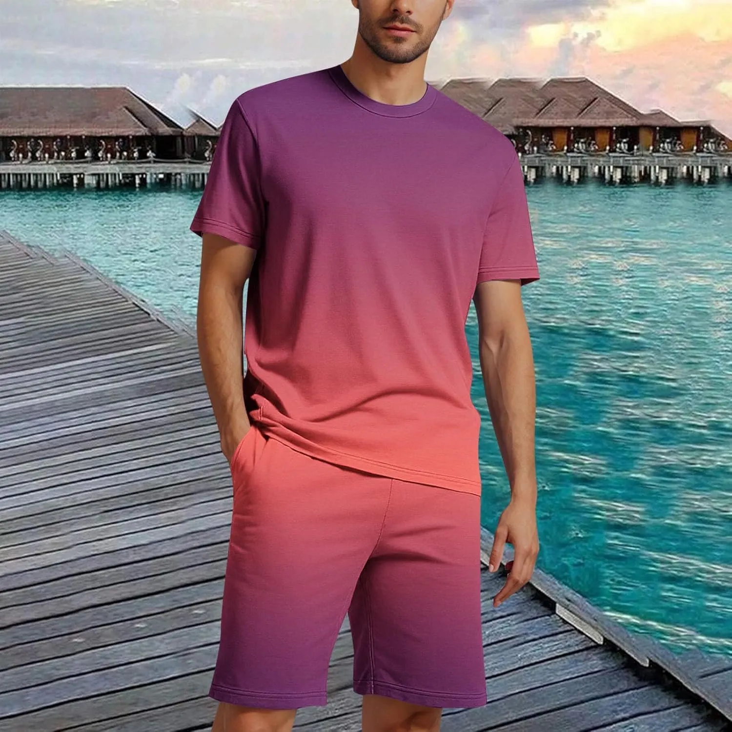 Mens Short Sets 2 Piece Beach Outfits Sleeve Graphic Tee Shirt Hawaiian Printed Drawstring Shorts Cotton Set