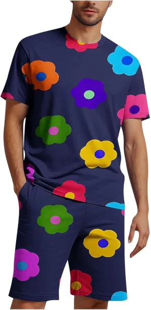 Mens Short Sets 2 Piece Beach Outfits Sleeve Graphic Tee Shirt Hawaiian Printed Drawstring Shorts Cotton Set