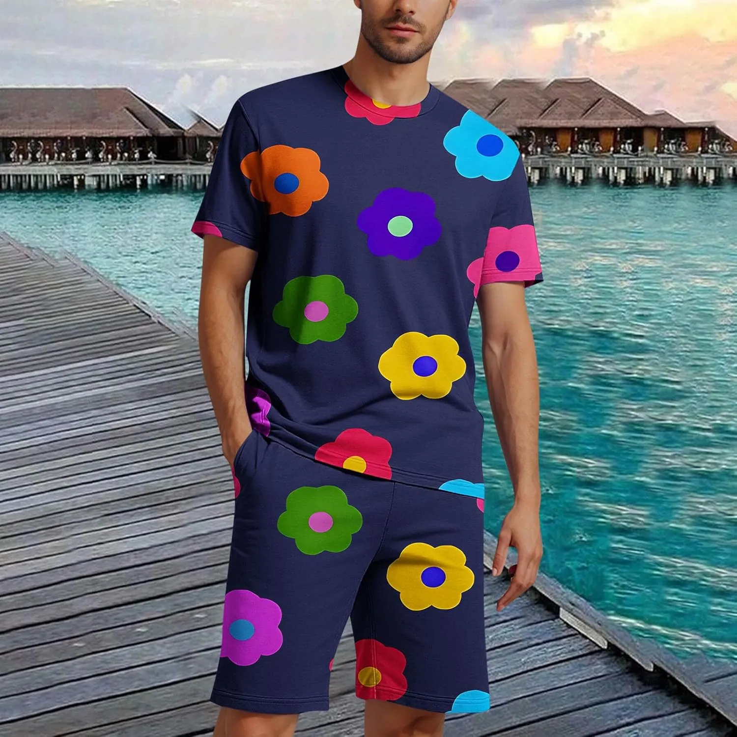 Mens Short Sets 2 Piece Beach Outfits Sleeve Graphic Tee Shirt Hawaiian Printed Drawstring Shorts Cotton Set