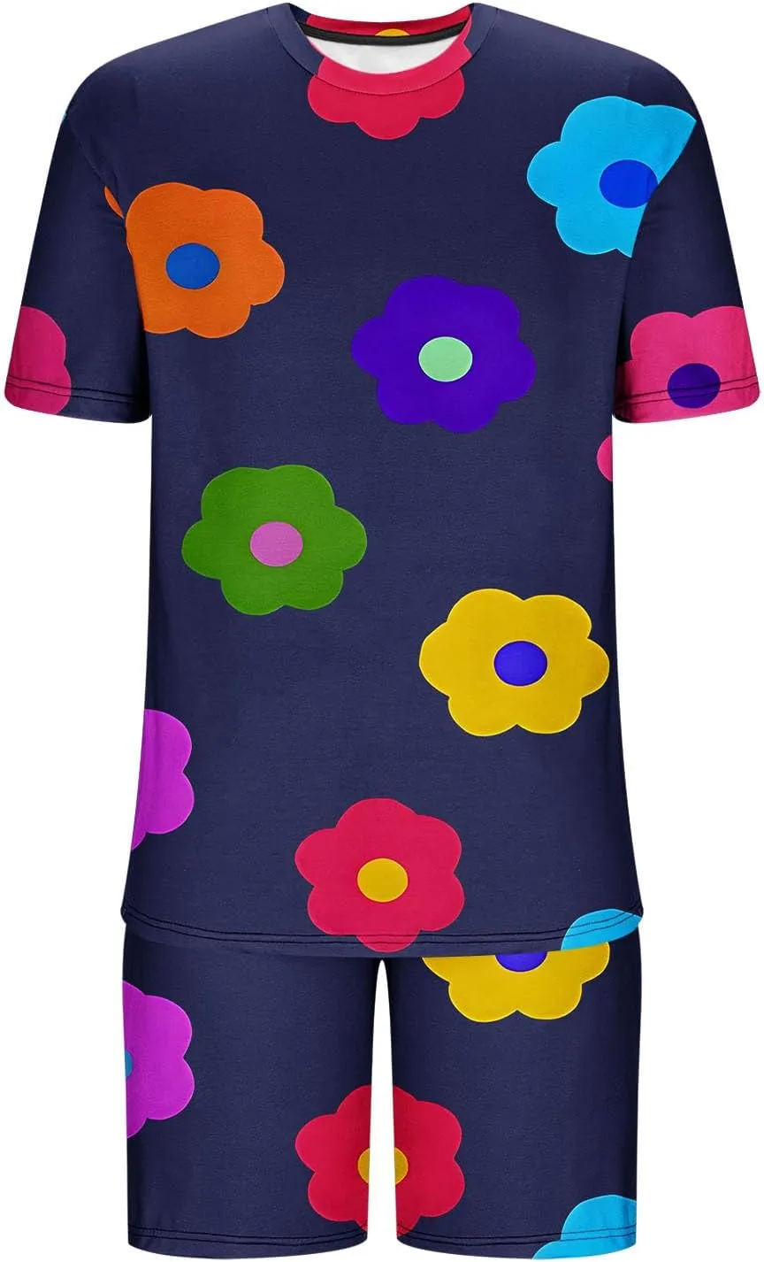 Mens Short Sets 2 Piece Beach Outfits Sleeve Graphic Tee Shirt Hawaiian Printed Drawstring Shorts Cotton Set