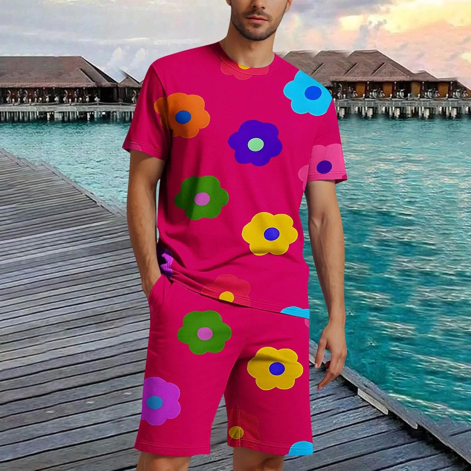 Mens Short Sets 2 Piece Beach Outfits Sleeve Graphic Tee Shirt Hawaiian Printed Drawstring Shorts Cotton Set