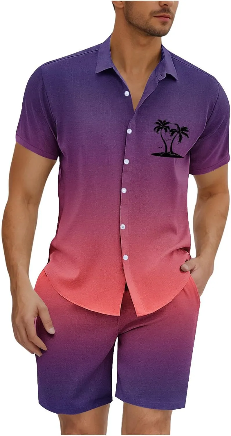 Mens Short Sets 2 Piece Beach Outfits Sleeve Graphic Tee Shirt Hawaiian Printed Drawstring Shorts Cotton Set