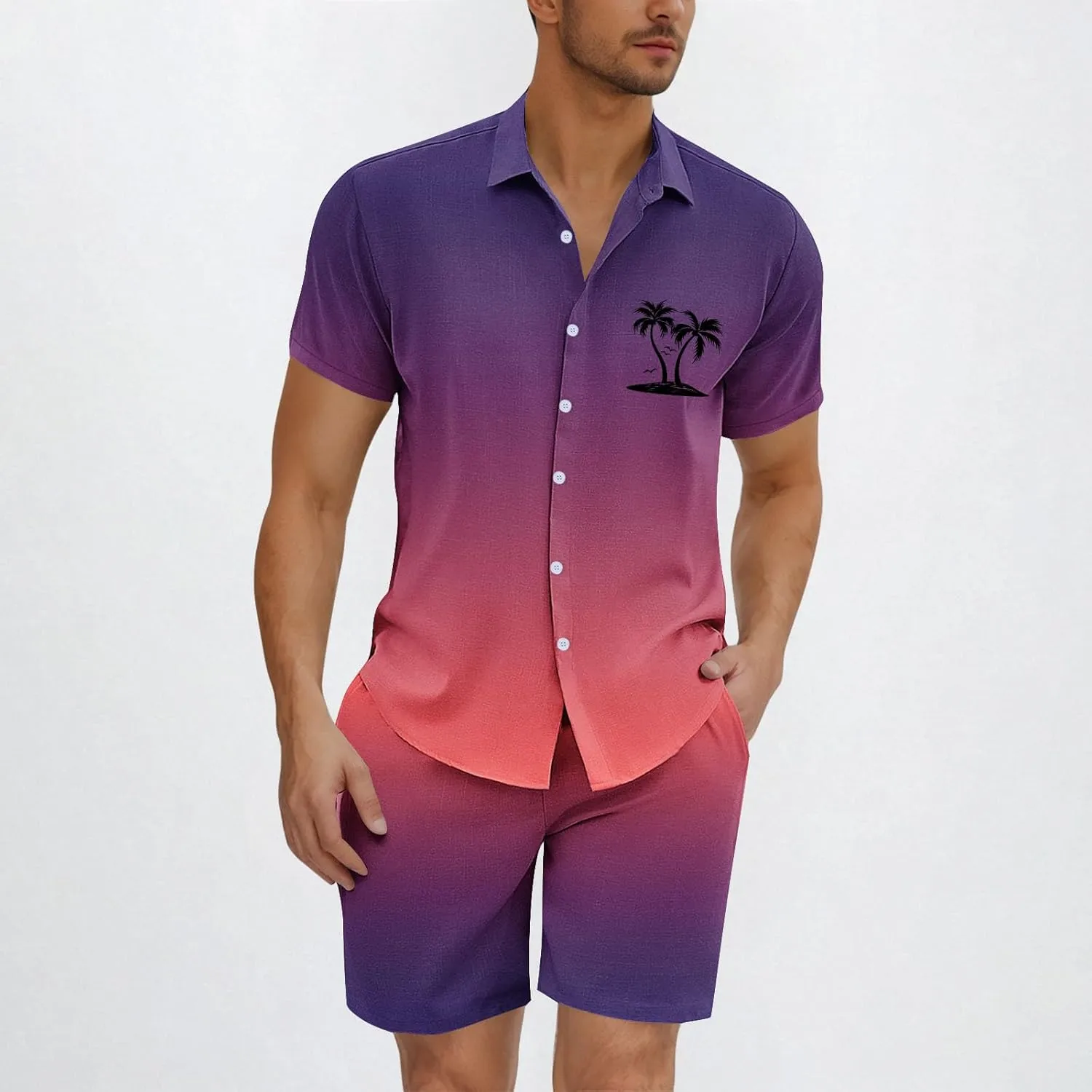 Mens Short Sets 2 Piece Beach Outfits Sleeve Graphic Tee Shirt Hawaiian Printed Drawstring Shorts Cotton Set