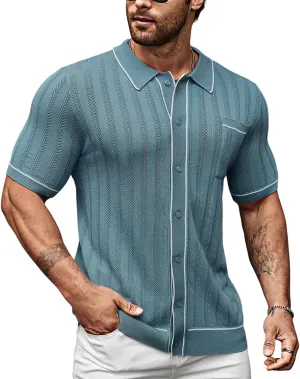 Men's Short Sleeve Breathable Knit Polo Shirt Hollow Out Button Down Knitwear