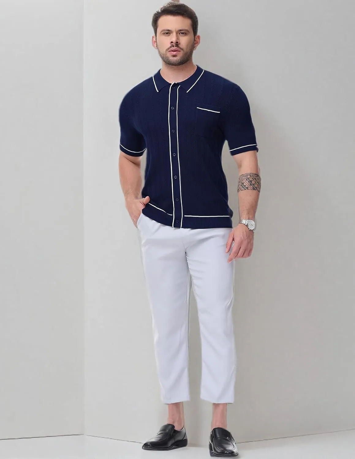 Men's Short Sleeve Breathable Knit Polo Shirt Hollow Out Button Down Knitwear