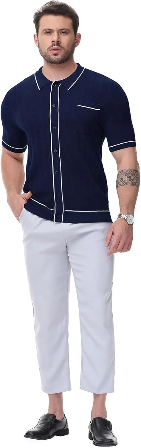Men's Short Sleeve Breathable Knit Polo Shirt Hollow Out Button Down Knitwear